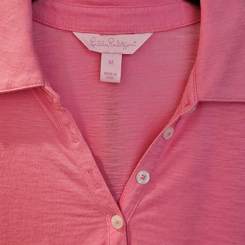 Lilly Pulitzer Polo Golf Shirt Solid Pink Thin Lightweight Top Med - Picture 3 of 4